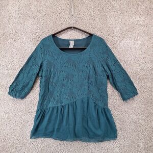 Fair Lady Top Womens 6 Teal Lace Peplum Blouse 3/4 Sleeve Lined Boho Romantic